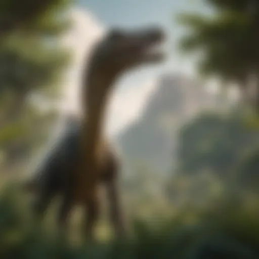 A majestic long-necked dinosaur grazing on foliage in a lush Mesozoic landscape