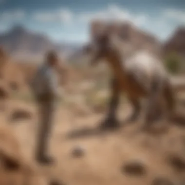 A paleontologist examining fossils of long-necked dinosaurs at a dig site