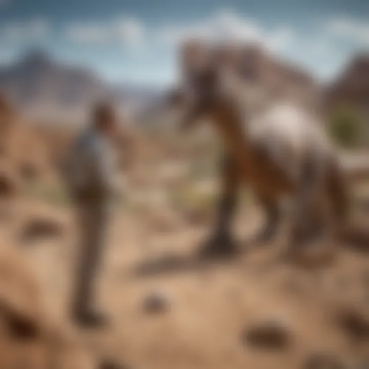 A paleontologist examining fossils of long-necked dinosaurs at a dig site