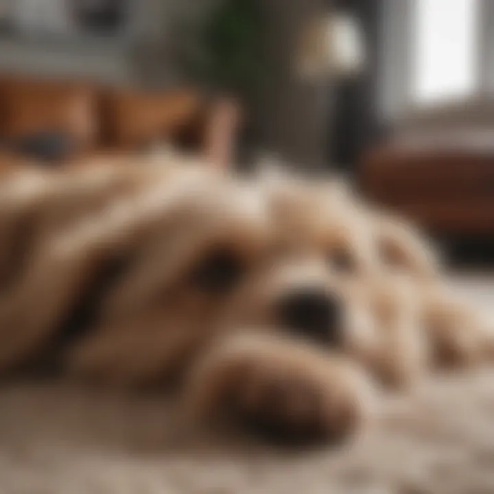 Close-up of a dog shedding fur in a living room