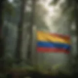 The Colombian flag waving against the backdrop of the Amazon rainforest.