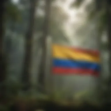 The Colombian flag waving against the backdrop of the Amazon rainforest.