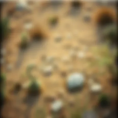 An aerial view of a desert landscape highlighting various plant species