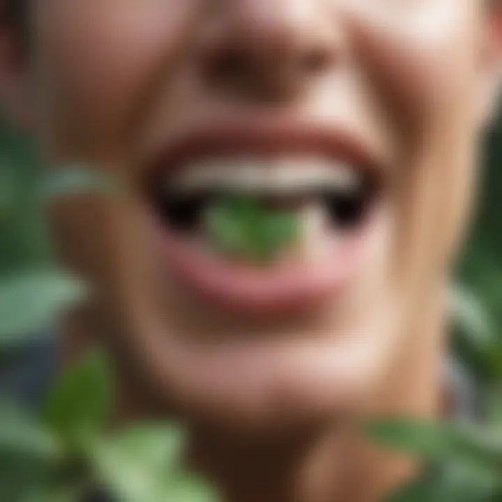 A close-up view of healthy gums with natural herbs surrounding them.