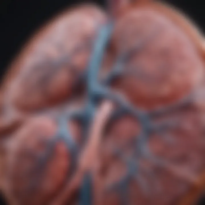 Close-up of healthy kidneys with highlighted areas showing dysfunction.