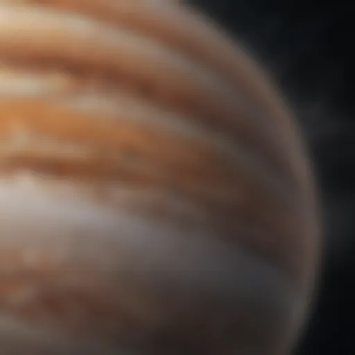 A detailed view of Jupiter's swirling atmosphere showcasing its colorful bands and storms