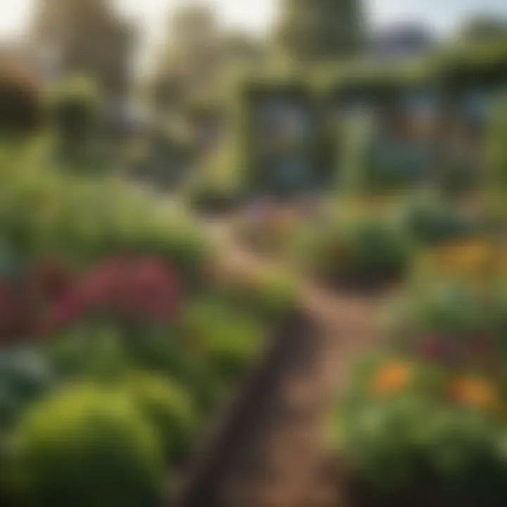 A close-up of a vibrant community garden with various vegetables and flowers.