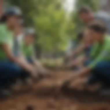 A group of volunteers participating in a tree planting event in a city.