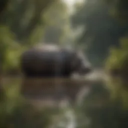 A serene hippo basking in a river, surrounded by lush vegetation