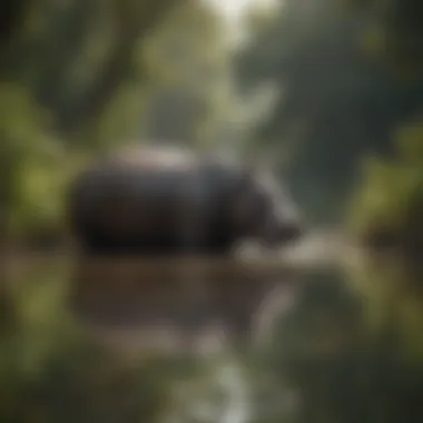 A serene hippo basking in a river, surrounded by lush vegetation