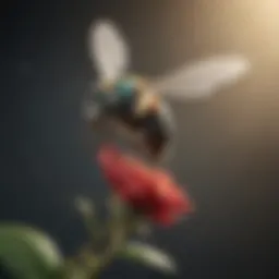 An artistic depiction of a rose leaf cutter bee in flight