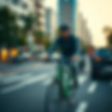 Cyclist in Urban Area Cyclist on a city street promoting green transport