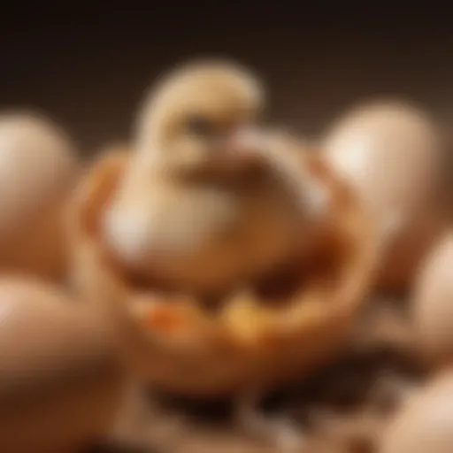 A newly hatched chick emerging from its eggshell, showcasing its delicate feathers and tiny form.