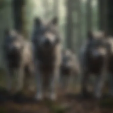 Grey wolves exhibiting pack behavior, highlighting their social structure.