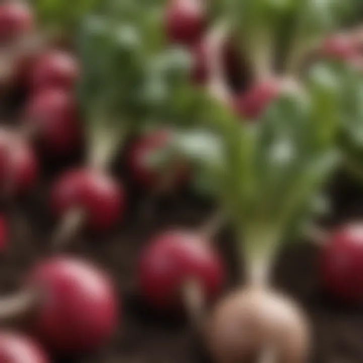 Close-up of freshly harvested radishes with soil