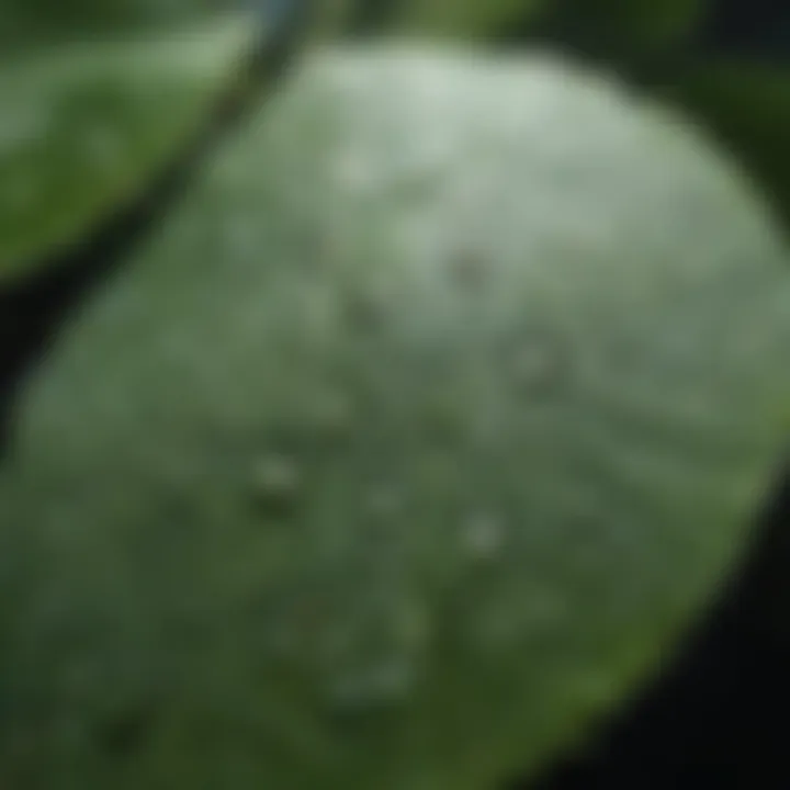 Magnified view of water droplets on a leaf surface