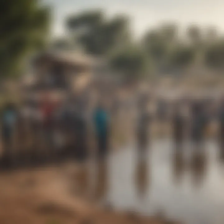 A community gathering around a water source, highlighting the struggle for clean water access.