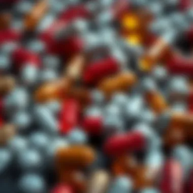 Pharmacological Treatments for Migraine An array of pharmacological treatments illustrated through vibrant capsules and tablets