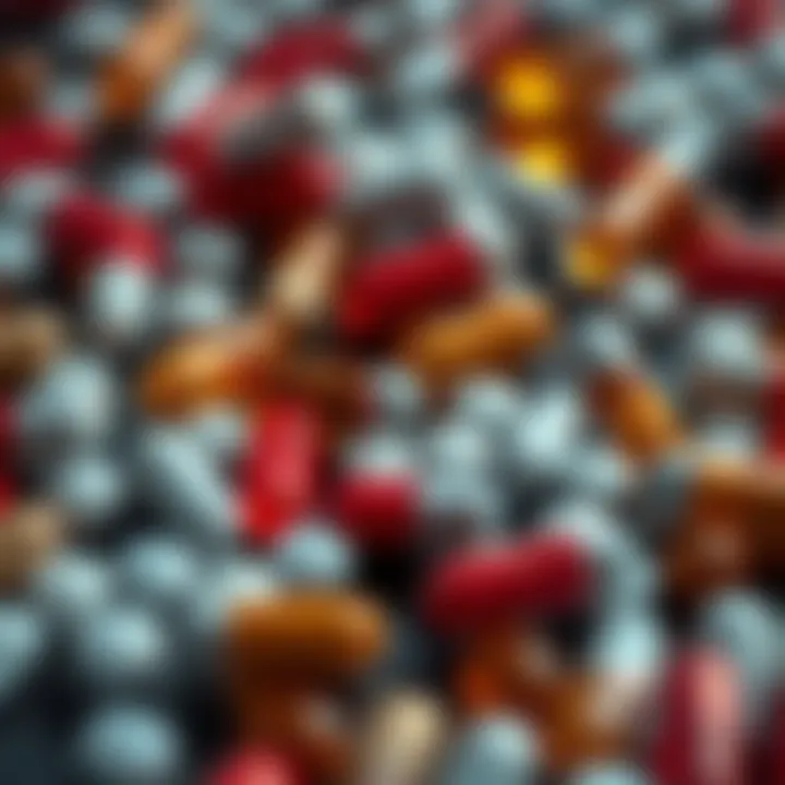 Pharmacological Treatments for Migraine An array of pharmacological treatments illustrated through vibrant capsules and tablets