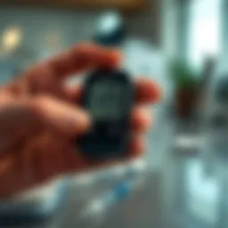 Measurement of blood glucose with a meter showing normal ranges