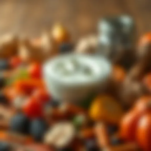 Illustration depicting various sources of probiotics, such as yogurt and fermented foods