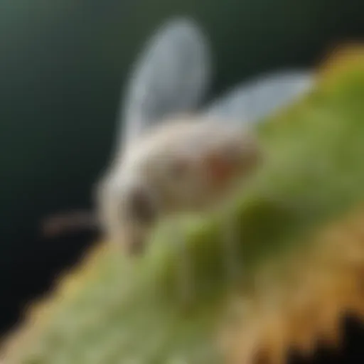 Magnified view of a whitefly on a leaf