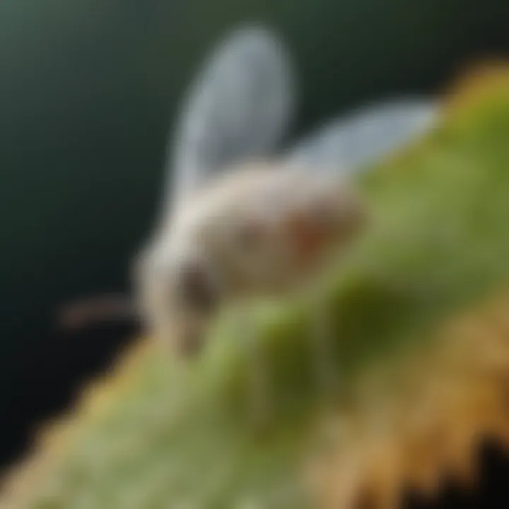 Magnified view of a whitefly on a leaf