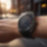 A close-up of a smartwatch displaying fitness metrics